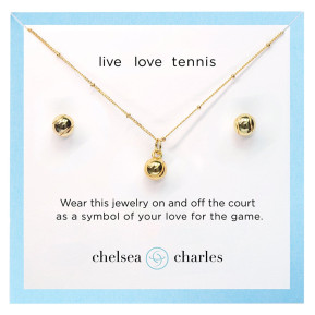 Tennis Ball Charm Necklace and Earrings Gift Set - Gold